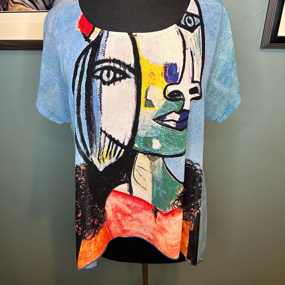 SHANA Blue Abstract Oversized Sheer Blouse/l Statement Artsy Tunic Size Medium